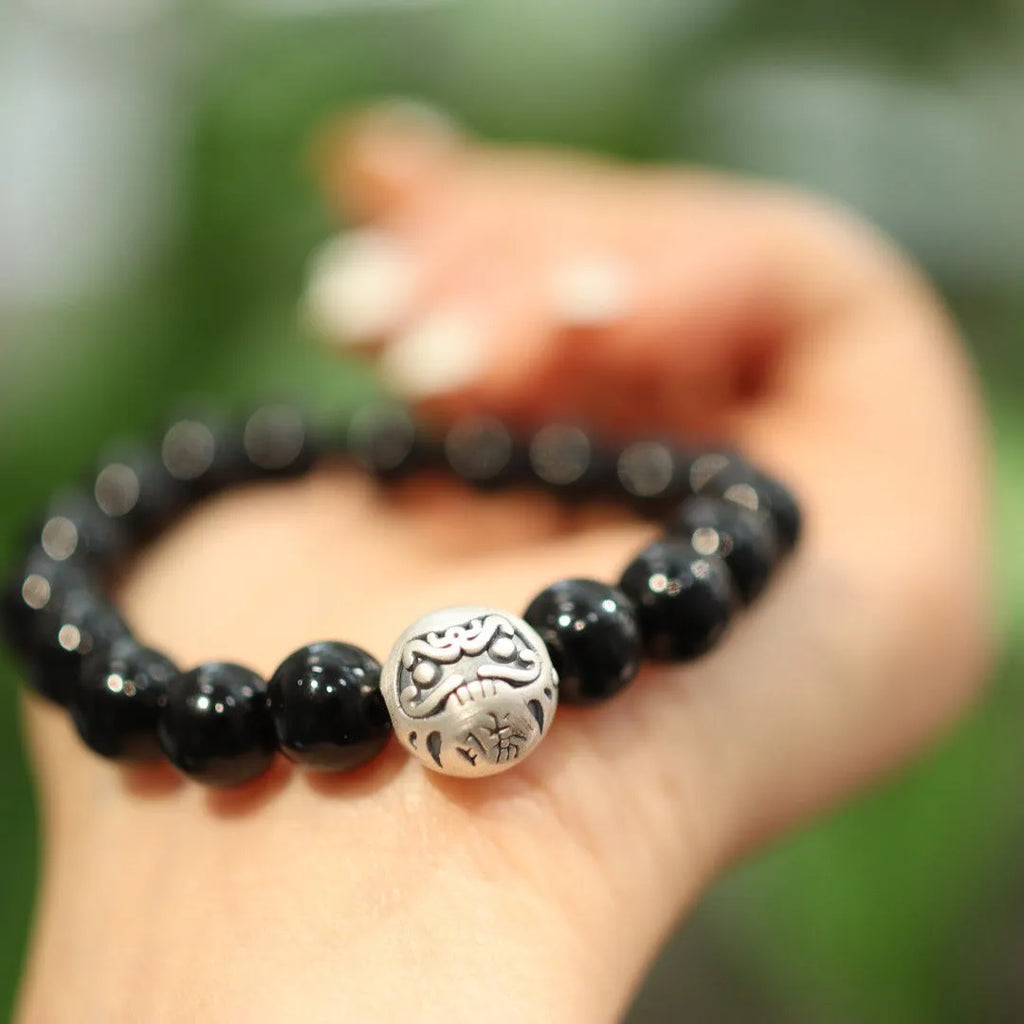 Black agate and sterling silver bracelet with 10mm beads and Chinese style clasp