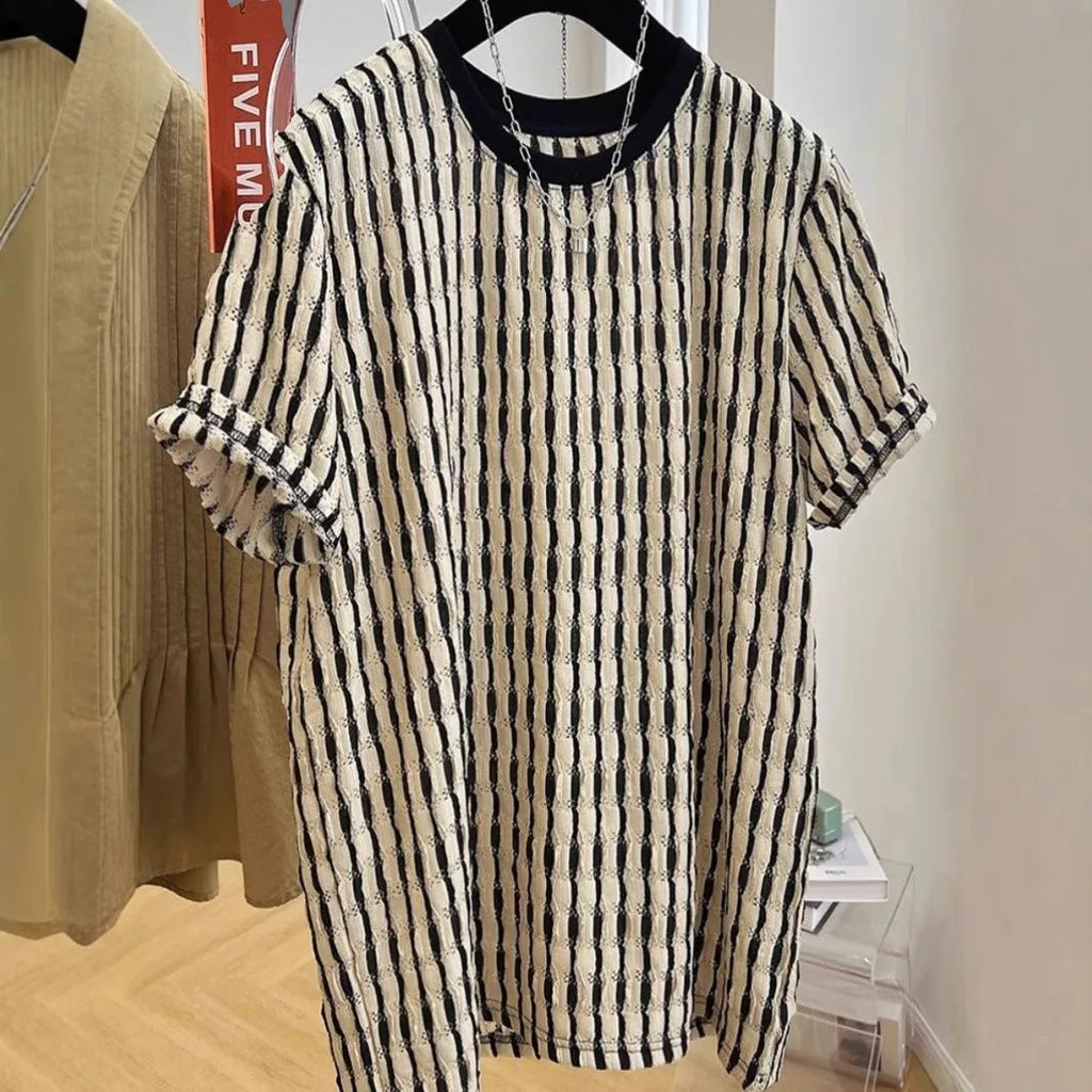 Men's black striped loose short sleeve top in silk and linen blend fabric