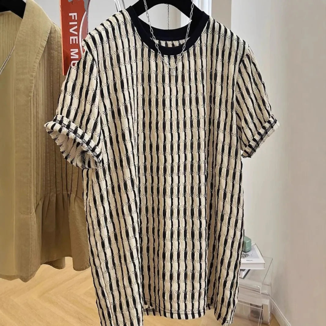 Men's black striped loose short sleeve top in silk and linen blend fabric