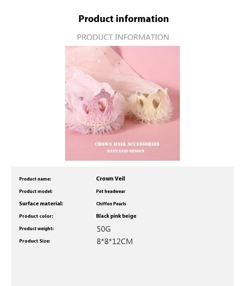 Beige or pink cotton polyester princess crown and veil headdress for cats and small dogs
