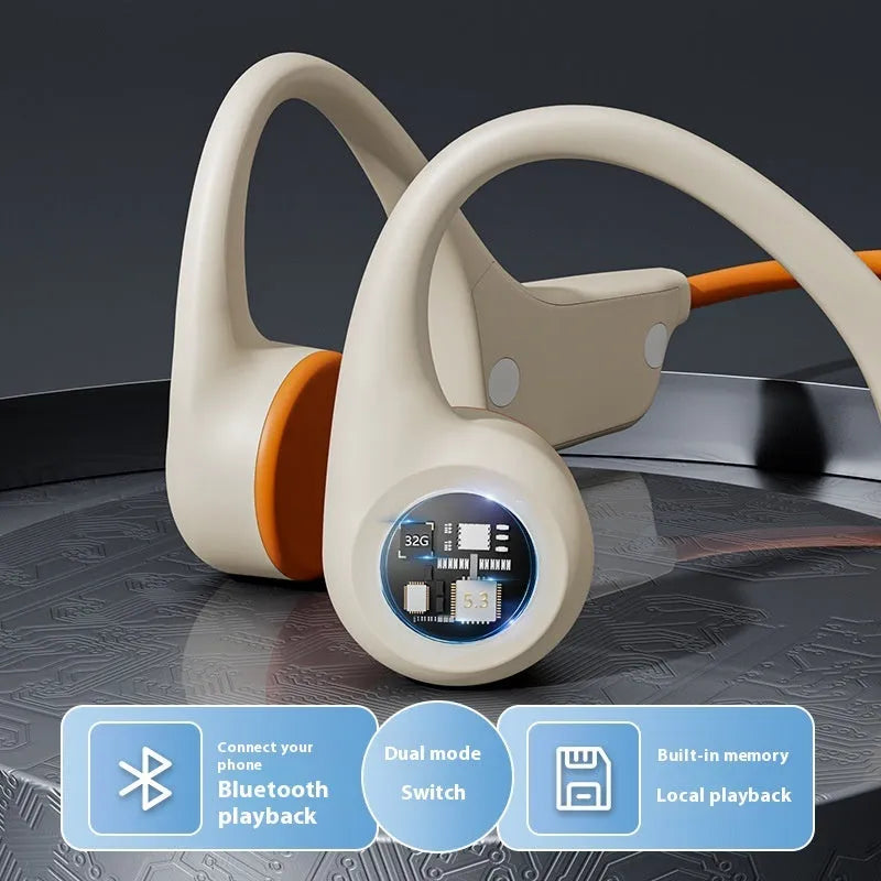 Bone conduction Bluetooth headset in beige orange with ear hook design and 32G memory