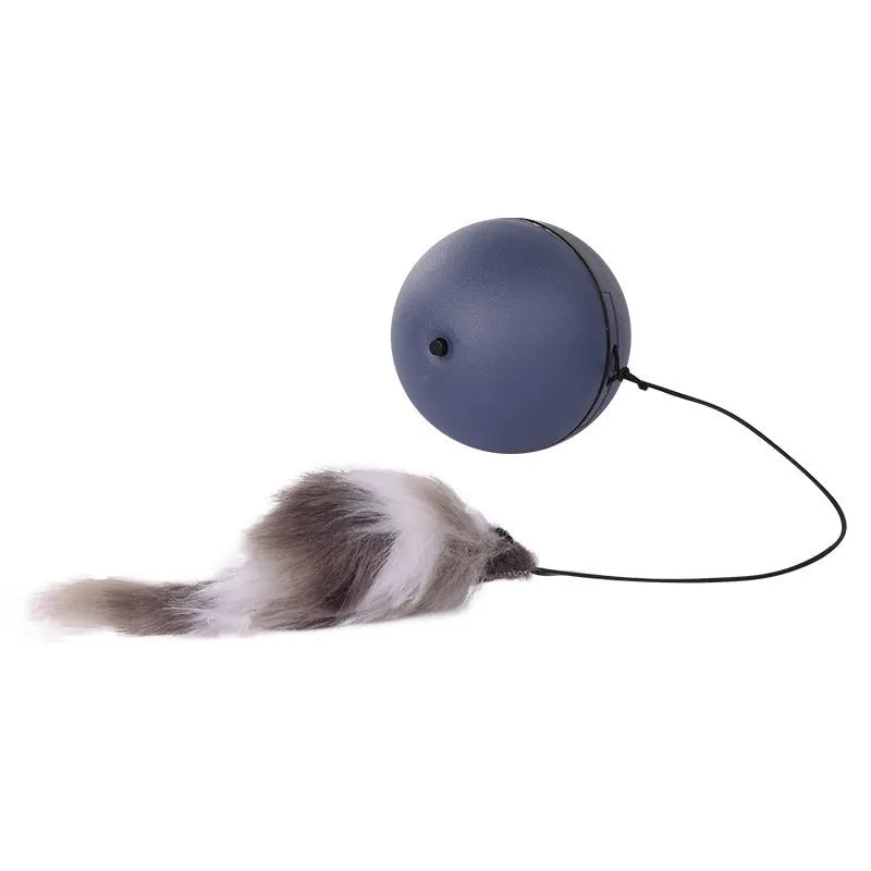 Interactive cat toy with grey and orange plush mouse, ball, and feather tail for feline exercise
