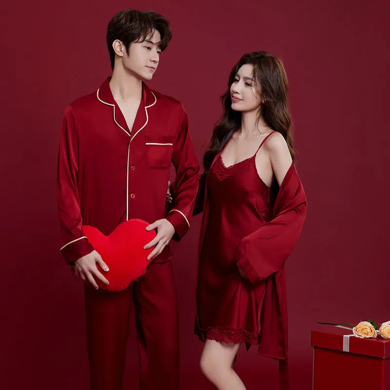 Red ice silk matching wedding sleepwear set for men and women with long sleeves and trousers