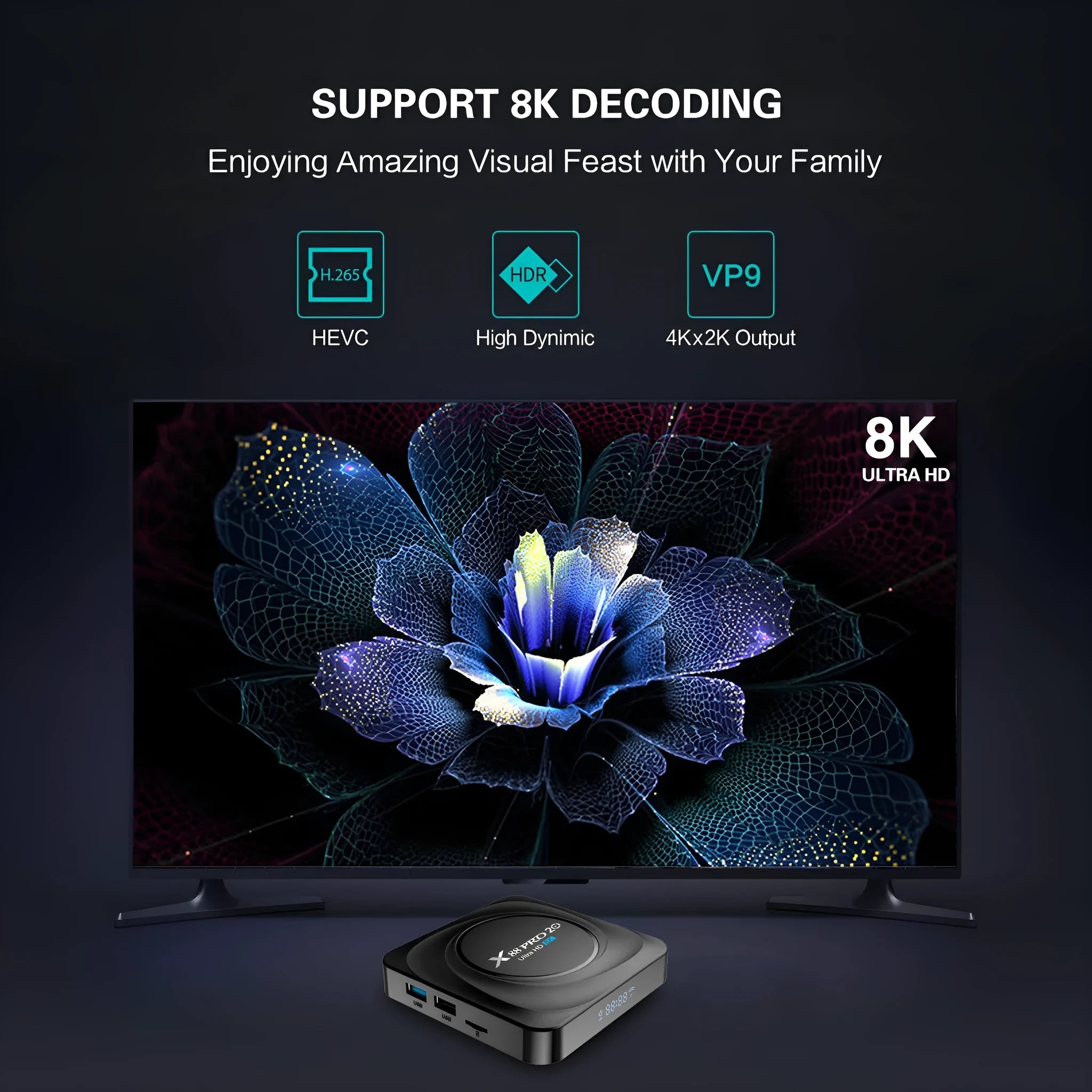 Compact black Android TV set-top box with remote control and HDMI cable on a wooden surface.