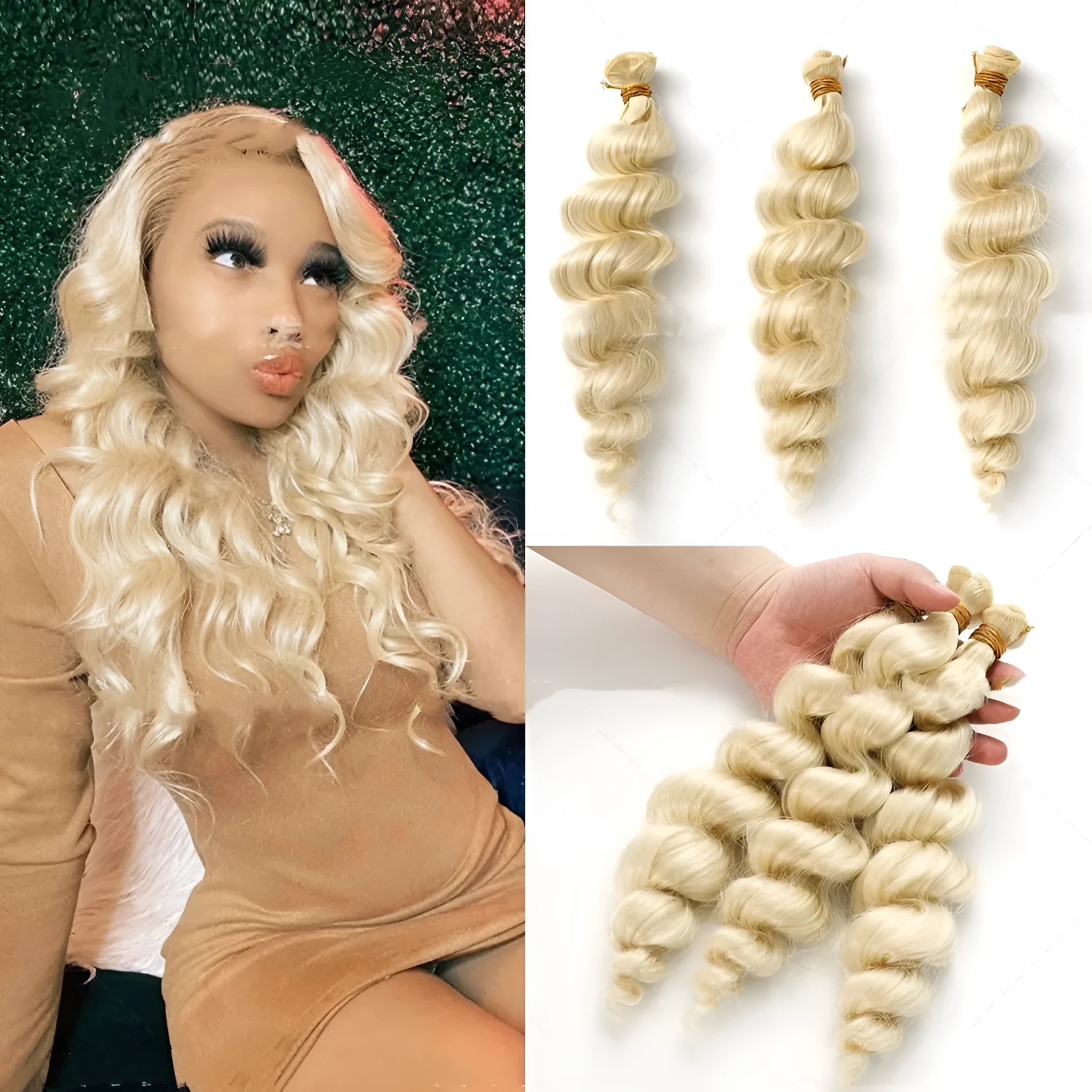 Golden synthetic wig for women on a stand, showing long, straight hair in a bright gold colour.