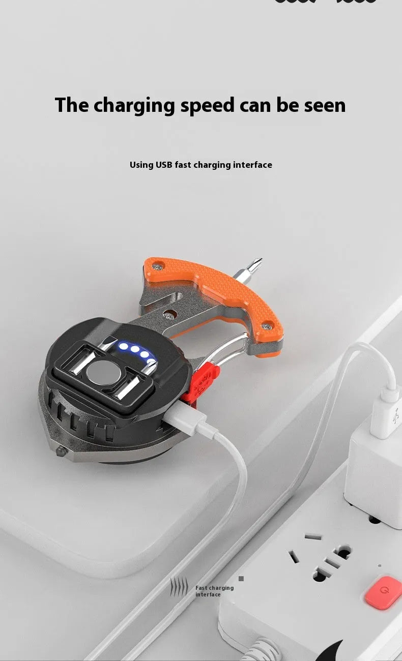 Compact multifunctional keychain flashlight showing light modes, window breaking hammer, screwdriver, and keyring attachment.
