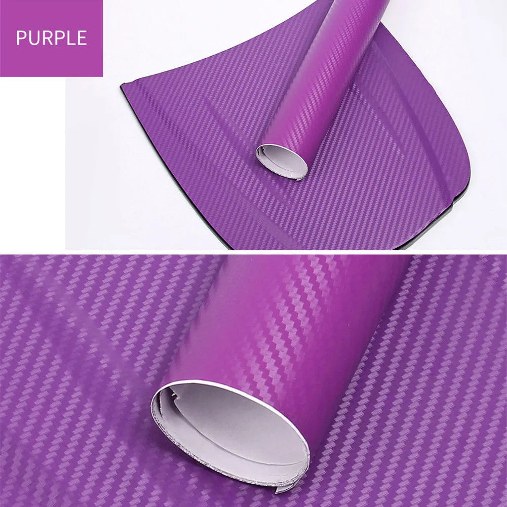 Carbon fibre pattern sticker roll showing eight colour options with 30x127 cm dimensions for car decoration