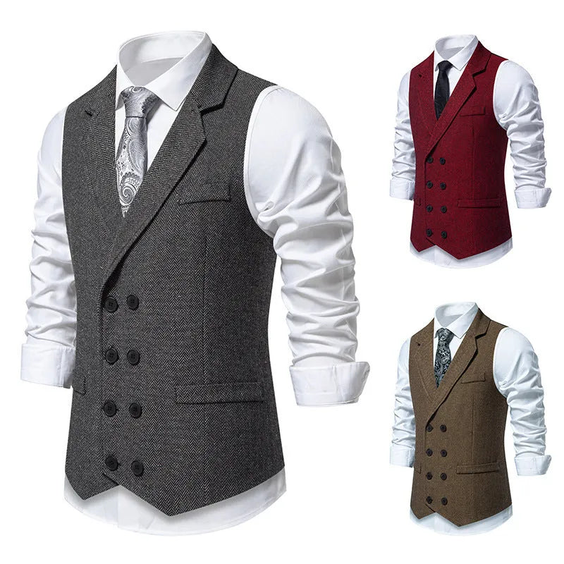 Men's herringbone tweed double breasted slim fit suit vest in dark gray