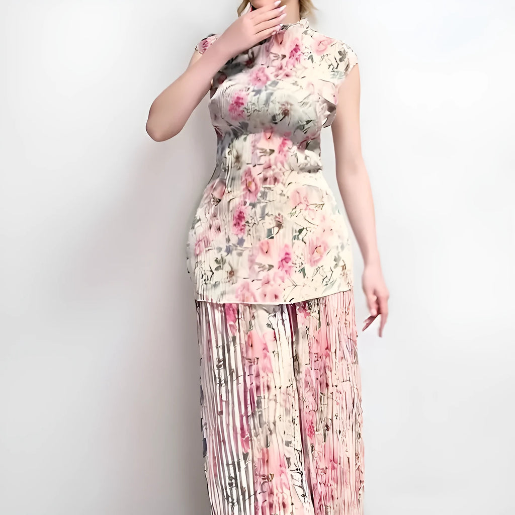 Women's printed chiffon two-piece dress set with long sleeves and a high-waisted skirt.