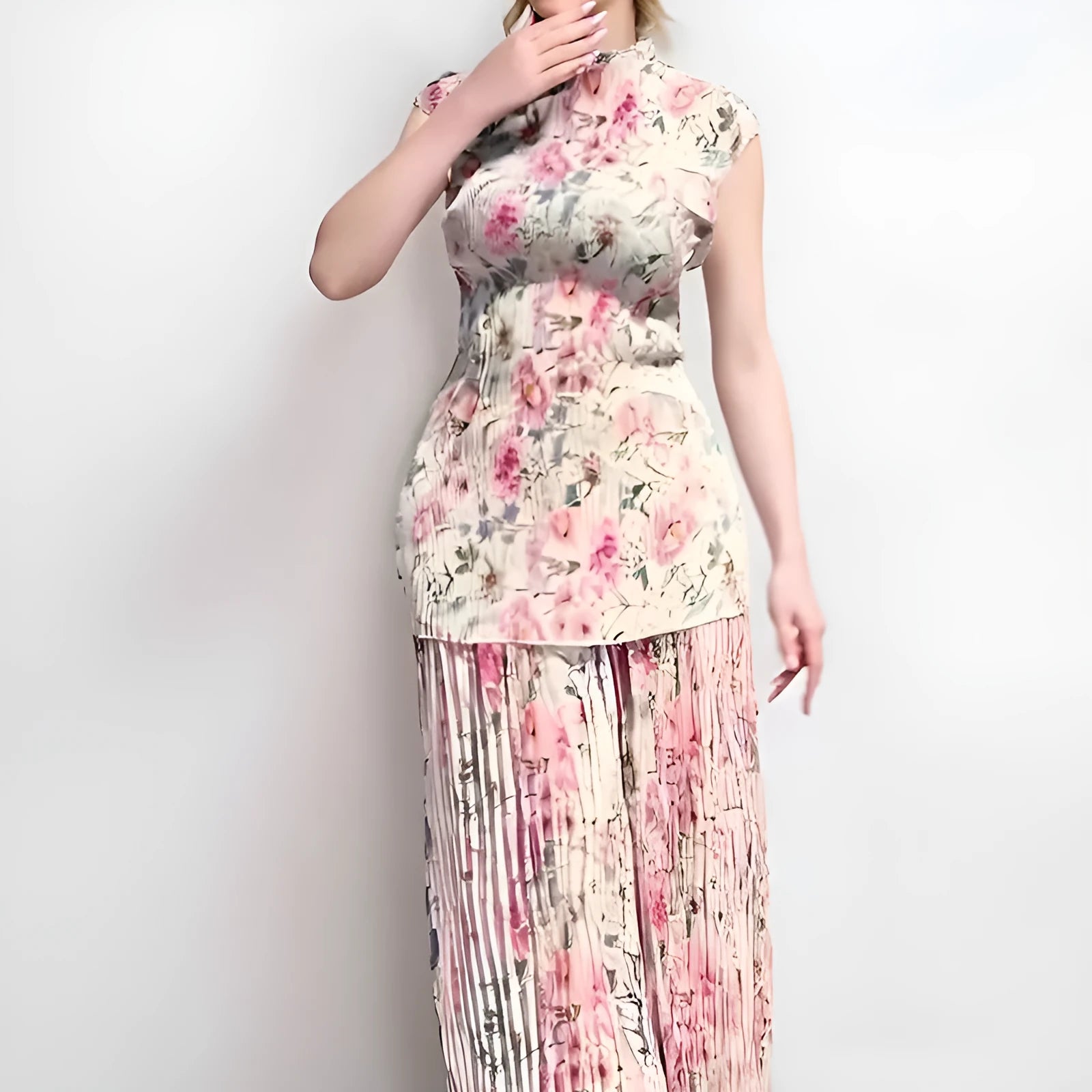 Women's printed chiffon two-piece dress set with long sleeves and a high-waisted skirt.