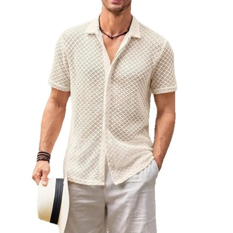 Men's beige short sleeve shirt with a lapel collar, laid flat.