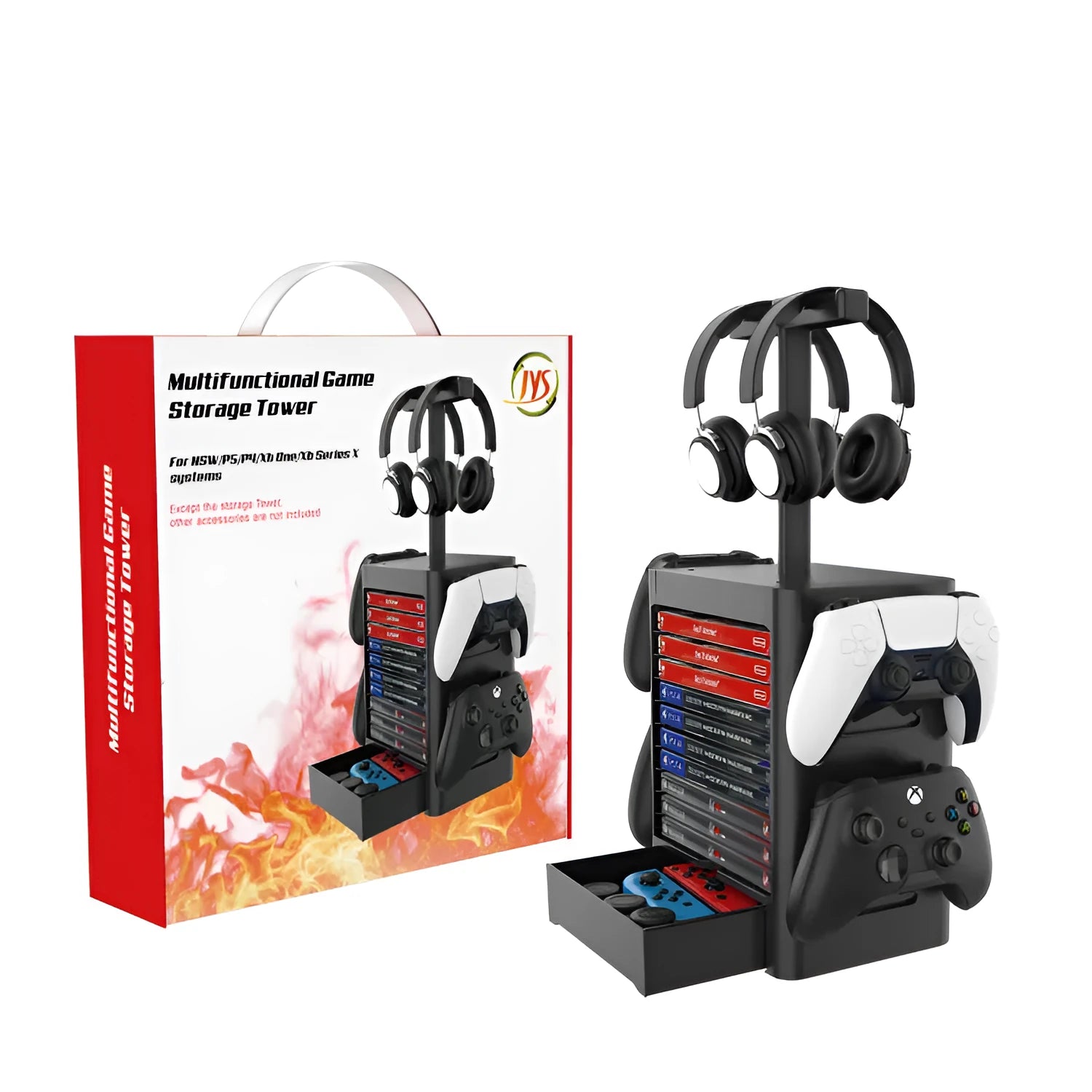 Black ABS game controller and headphone storage rack with side hooks and a bottom drawer.