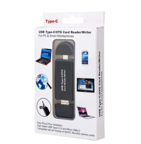 Black USB 3.0 memory card reader supporting SD and TF formats with Type-C interface