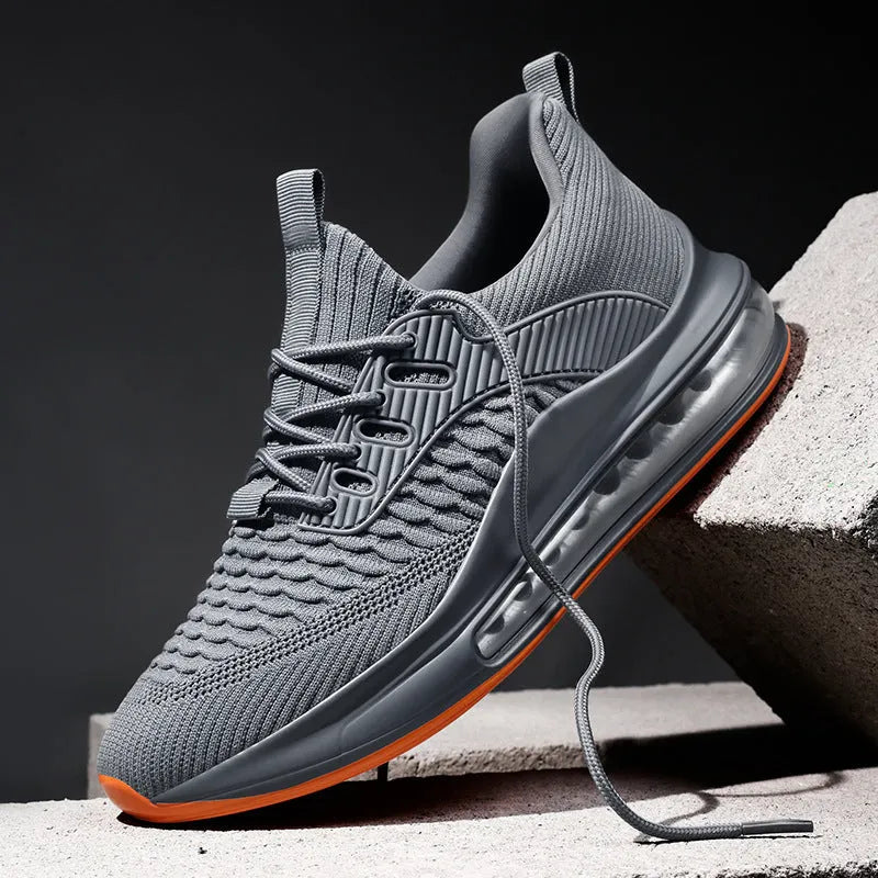 Men's black mesh running shoes with round toe, lace-up front, and rubber TPU sole.