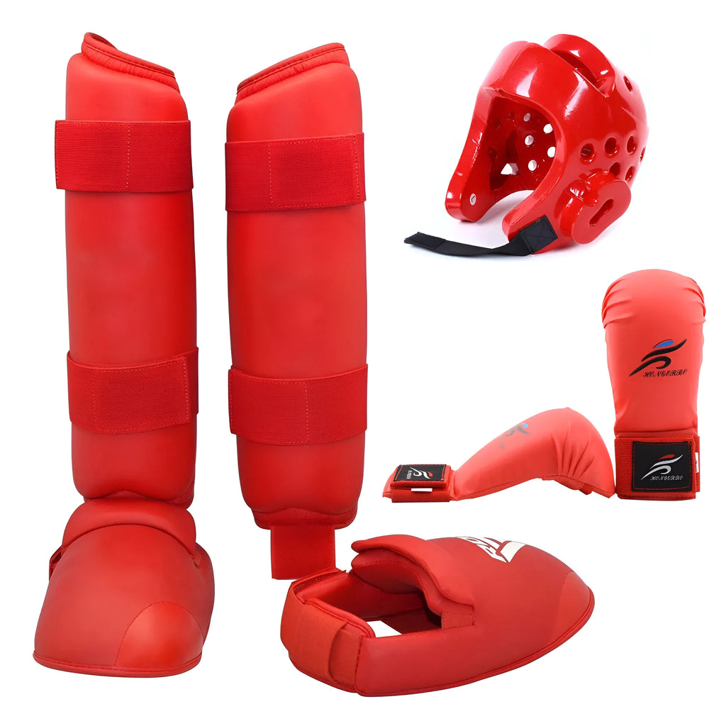 Karate Taekwondo protective gear set with blue leg guard, helmet and boxing gloves