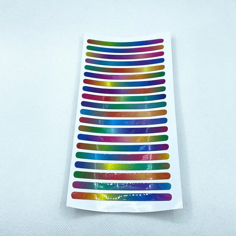 20-piece pack of multicoloured reflective PVC stickers for car and bicycle wheel hubs.