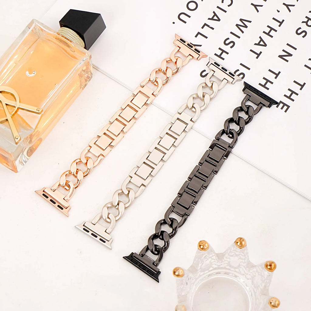 Silver metal chain strap for Apple Watch with 22mm connector on a watch case