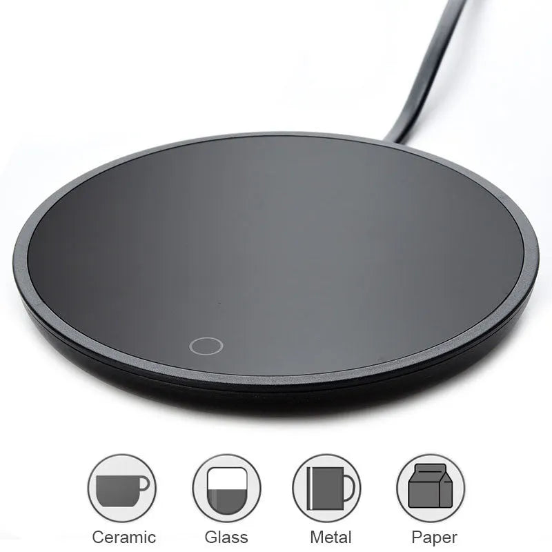 Black coffee mug warmer with dual temperature buttons and 12cm tempered glass heating surface