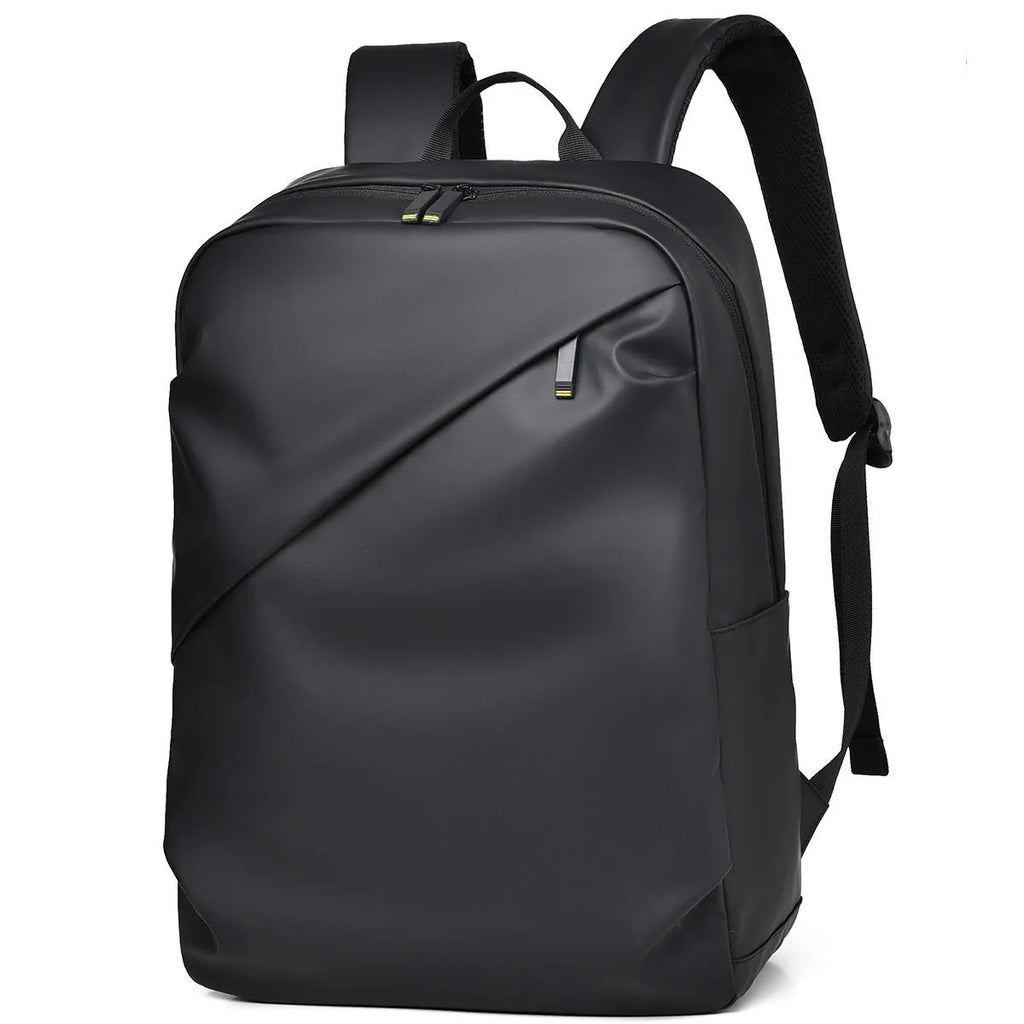 Large waterproof backpack in black with sewing thread detailing and included computer bag