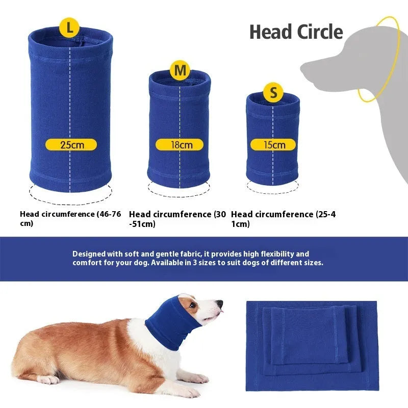 Blue and grey polyester dog headband scarf shown in S, M, L sizes.