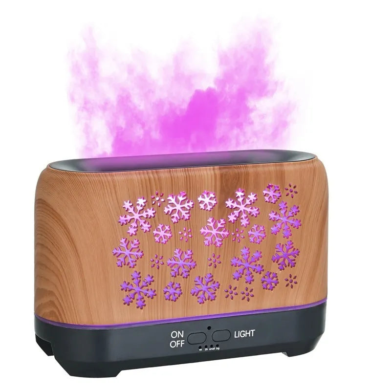 Square plastic humidifier with snowflake wood grain pattern and glowing flame effect light