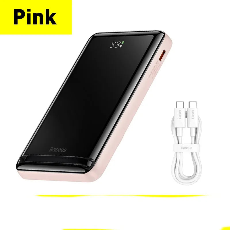 Slim magnetic wireless power bank in blue, white, or pink colours showing compact dimensions