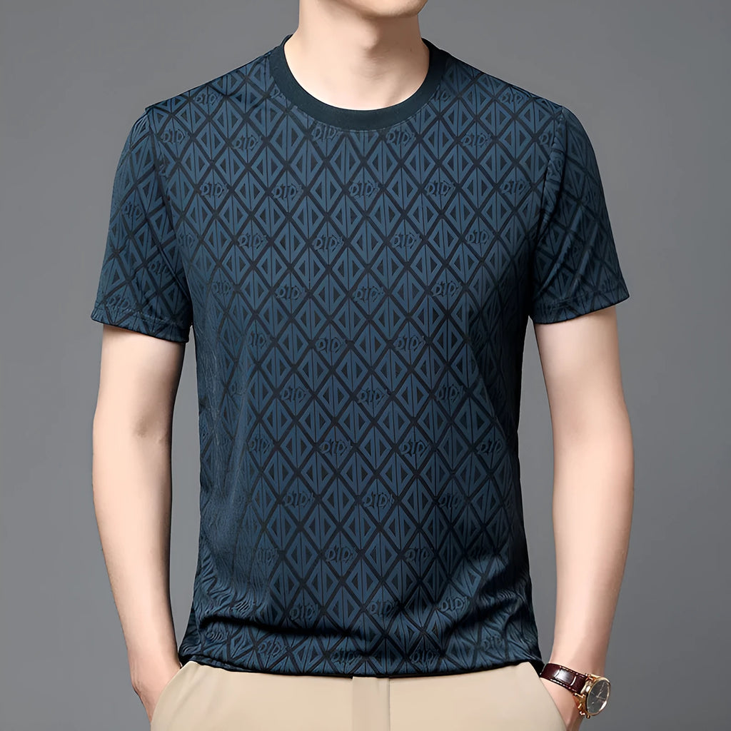 Men's black jacquard pattern short sleeve T-shirt with round neck and loose fit casual design