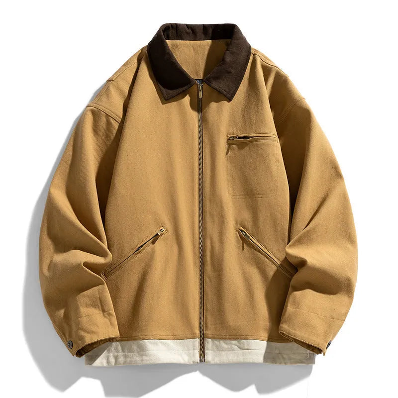 Men's loose fit Korean style autumn jacket with contrast colour lapels in polyester fabric.