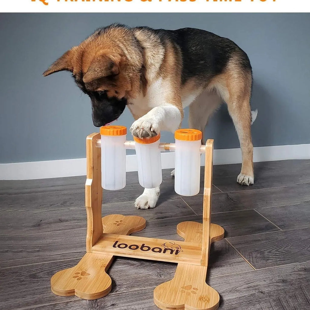 Wooden dog puzzle toy treat dispenser feeder measuring 31x30x20cm