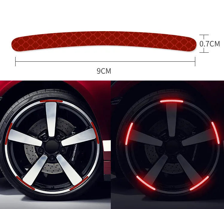 20-piece pack of multicoloured reflective PVC stickers for car and bicycle wheel hubs.