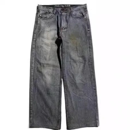 Men's grey washed-out wide-leg jeans with a straight cut and mid-rise waist on a mannequin.