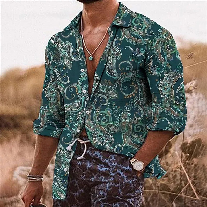 Men's loose fit long sleeve shirt with detailed 3D flower pattern digital printing on polyester fabric