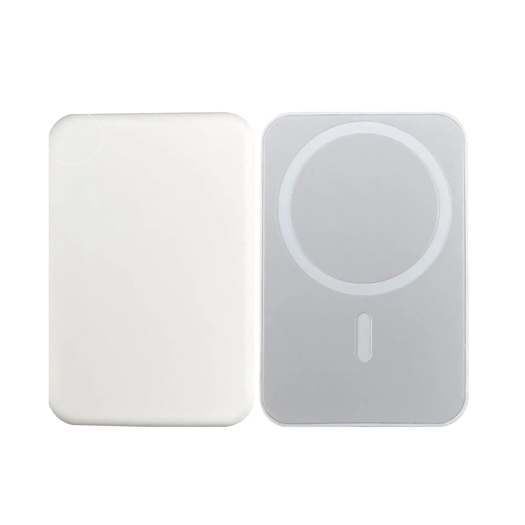 White magnetic wireless power bank with 5000mAh capacity showing creative design and compact dimensions