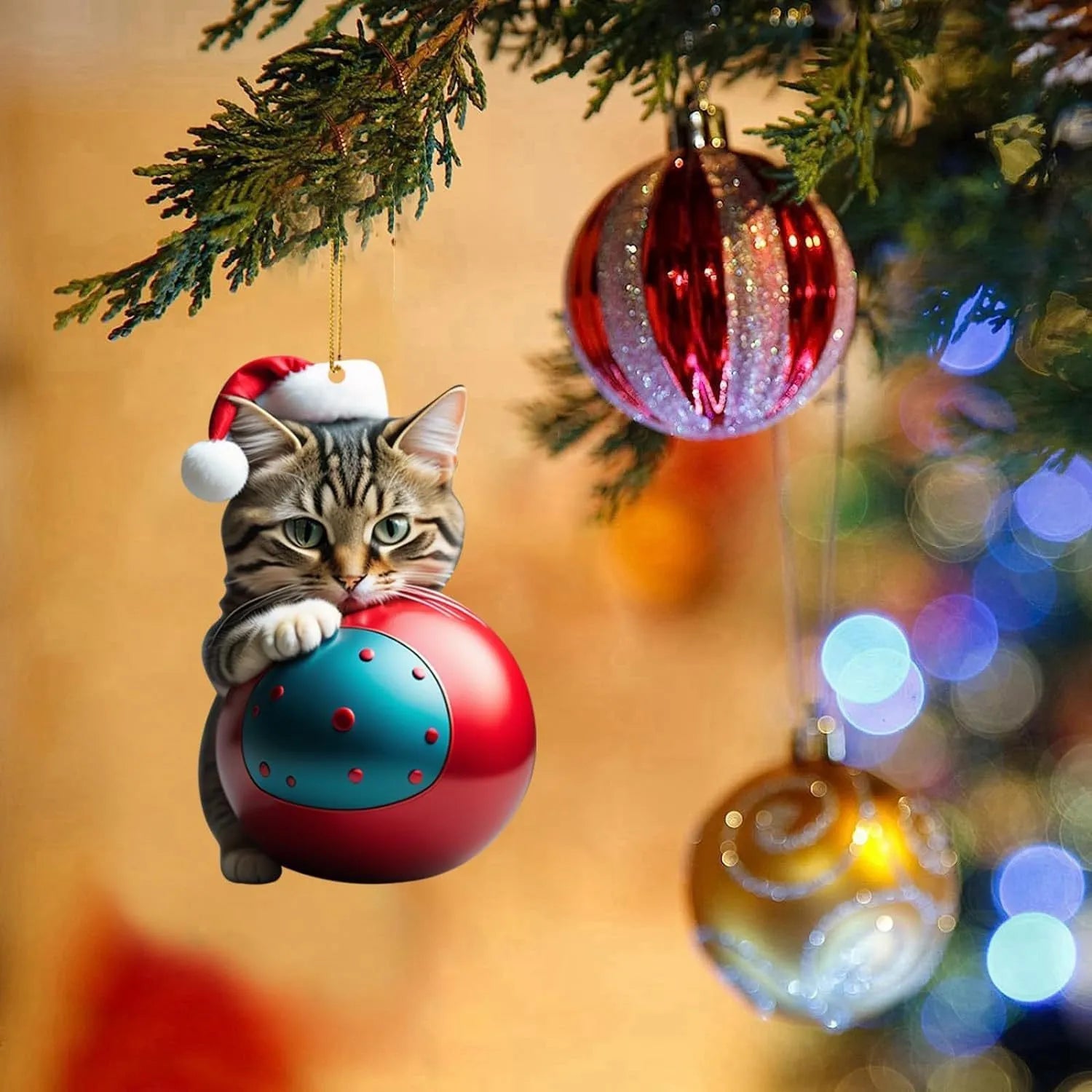 Cartoon style creative kitty Christmas ornament hanging in a car, made from clear acrylic.