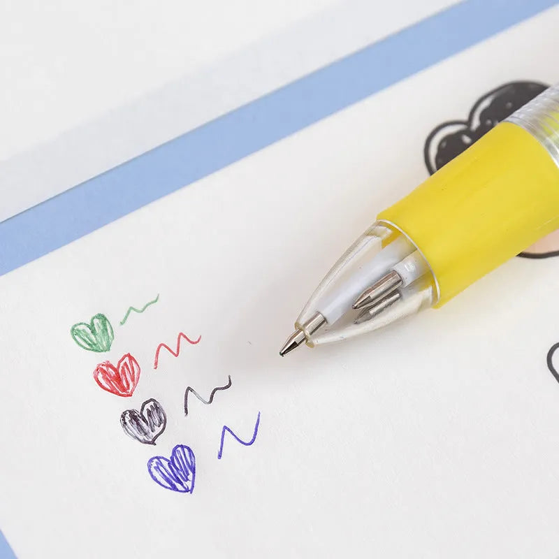 Cartoon-themed four colour press ballpoint pen with plastic and silicone body and 0.7mm tip.
