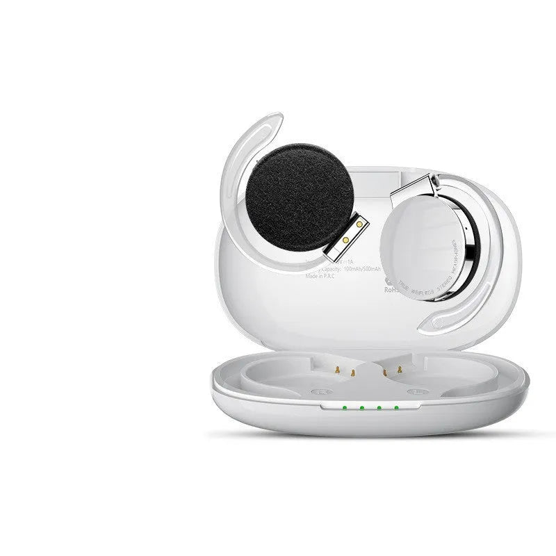 Black and white sports wireless Bluetooth earphones with ear plug design showing 15m range and Bluetooth 5.2 features