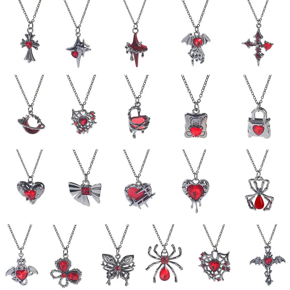 Women's zinc alloy Halloween necklace showing spider, bat, and skull wing pendant designs on a regular chain.