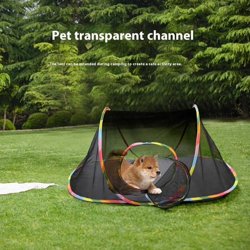 Foldable mesh cat cage in five shape options: hexagonal, long straight, tent, tee, and square configurations