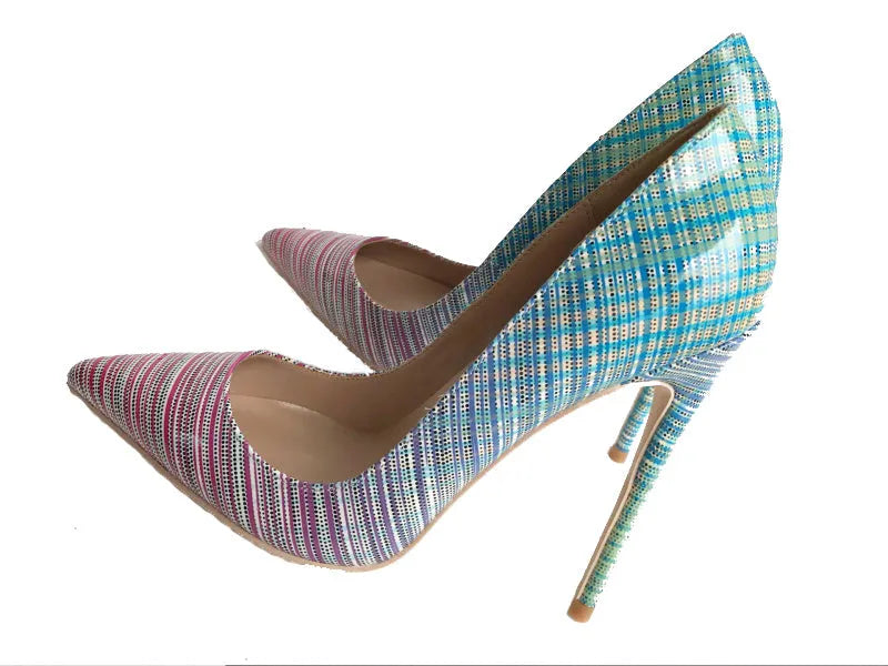 Colourful gradient patent leather ladies high heel shoes with a pointed toe and super high heel.