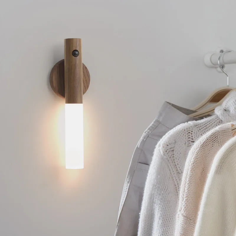 Solid wood smart sensor LED desk lamp showing coffee colour finish and compact dimensions