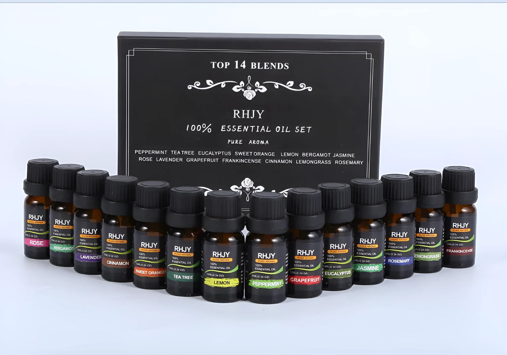 Set of fourteen 10ml bottles of 100% pure aromatherapy essential oils in various fragrances
