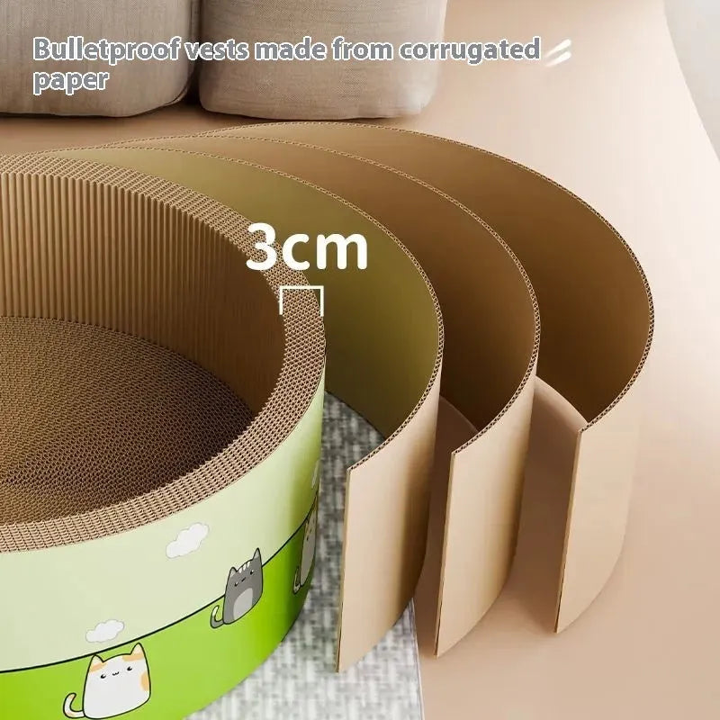 Large round corrugated paper cat scratching board with deep pits, shown in 45cm and 50cm sizes.