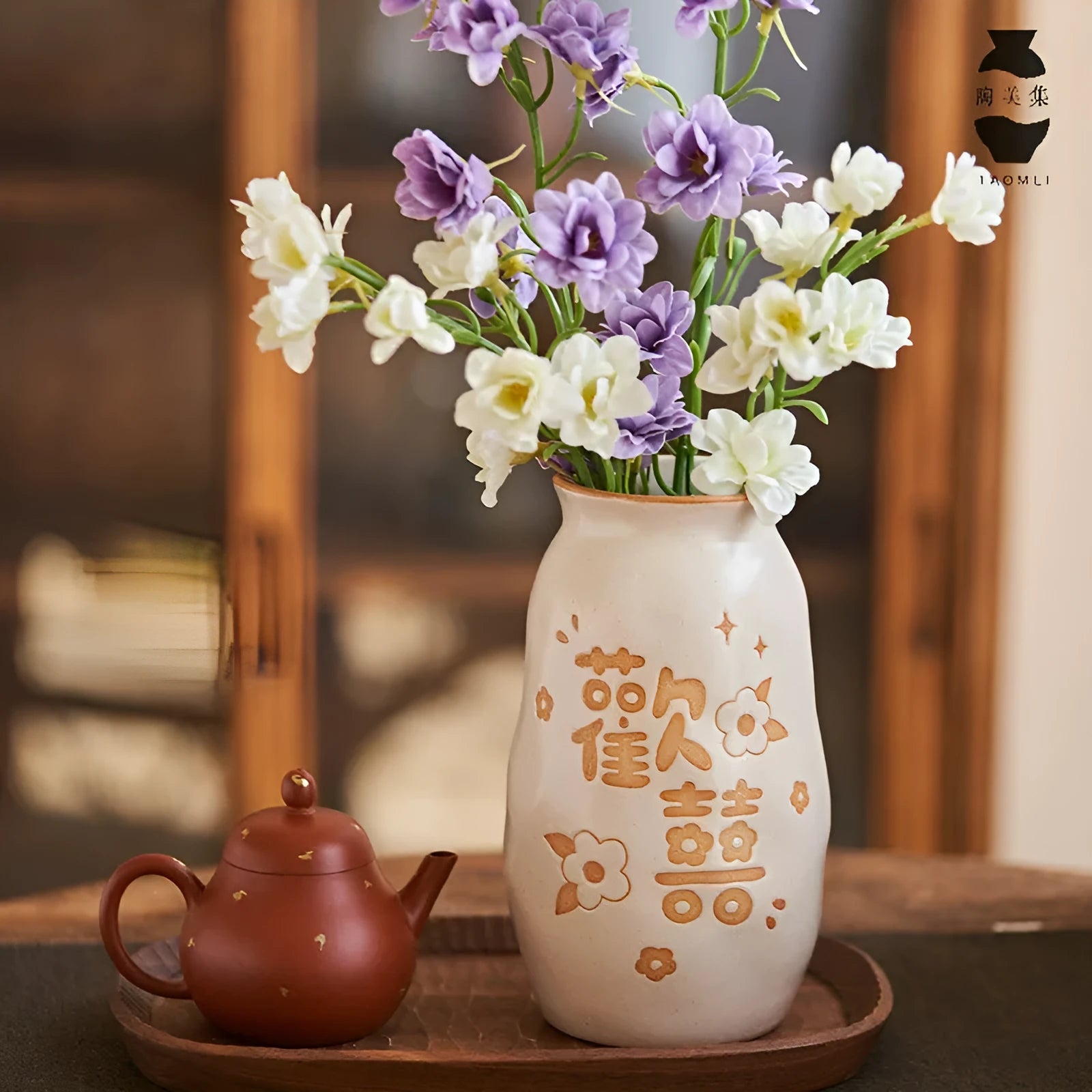 Chinese hand-painted ceramic joy vase with traditional carving on 8cm base in symbolic colour theme