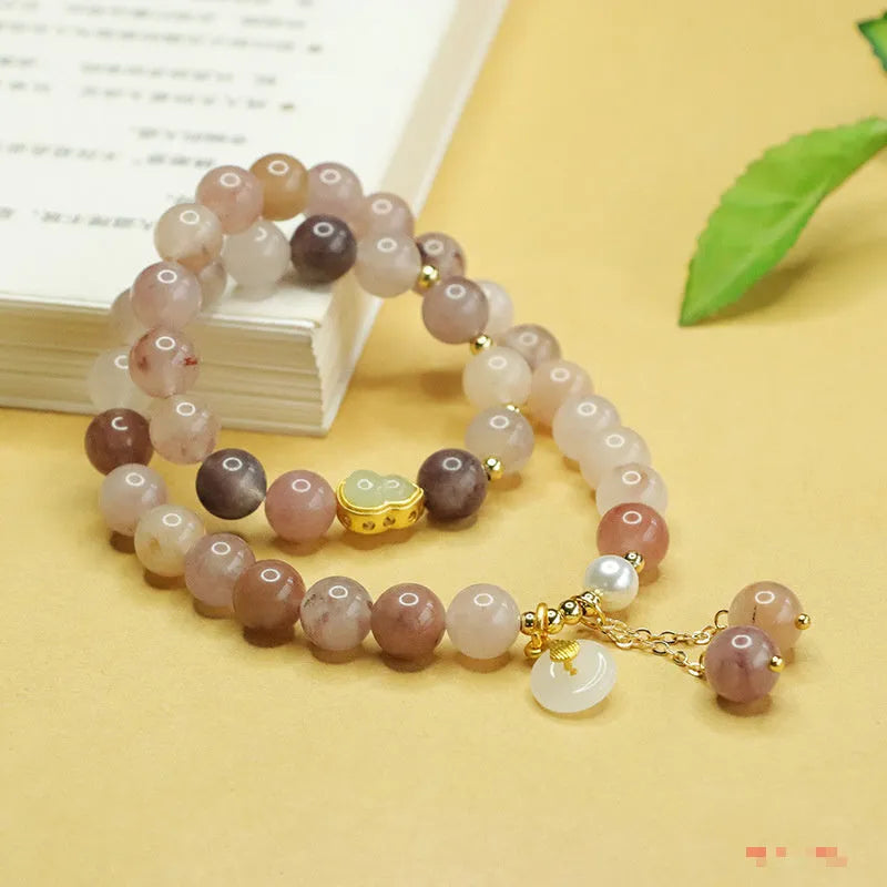 Natural Jinsi Jade double ring bracelet golden silk jade colour 8mm beads unisex gourd style