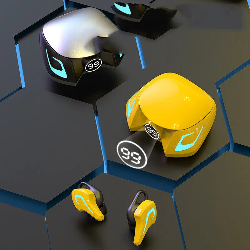 Wireless Bluetooth gaming headset with earplug-style design in black, dark grey, and yellow colour options