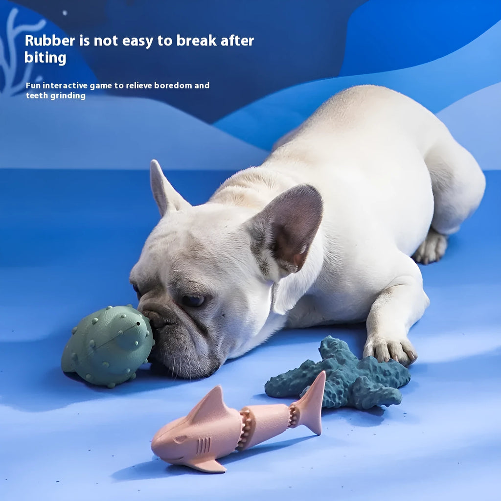 Deep sea shark shaped rubber dog toy in ocean blue colour for chewing and play