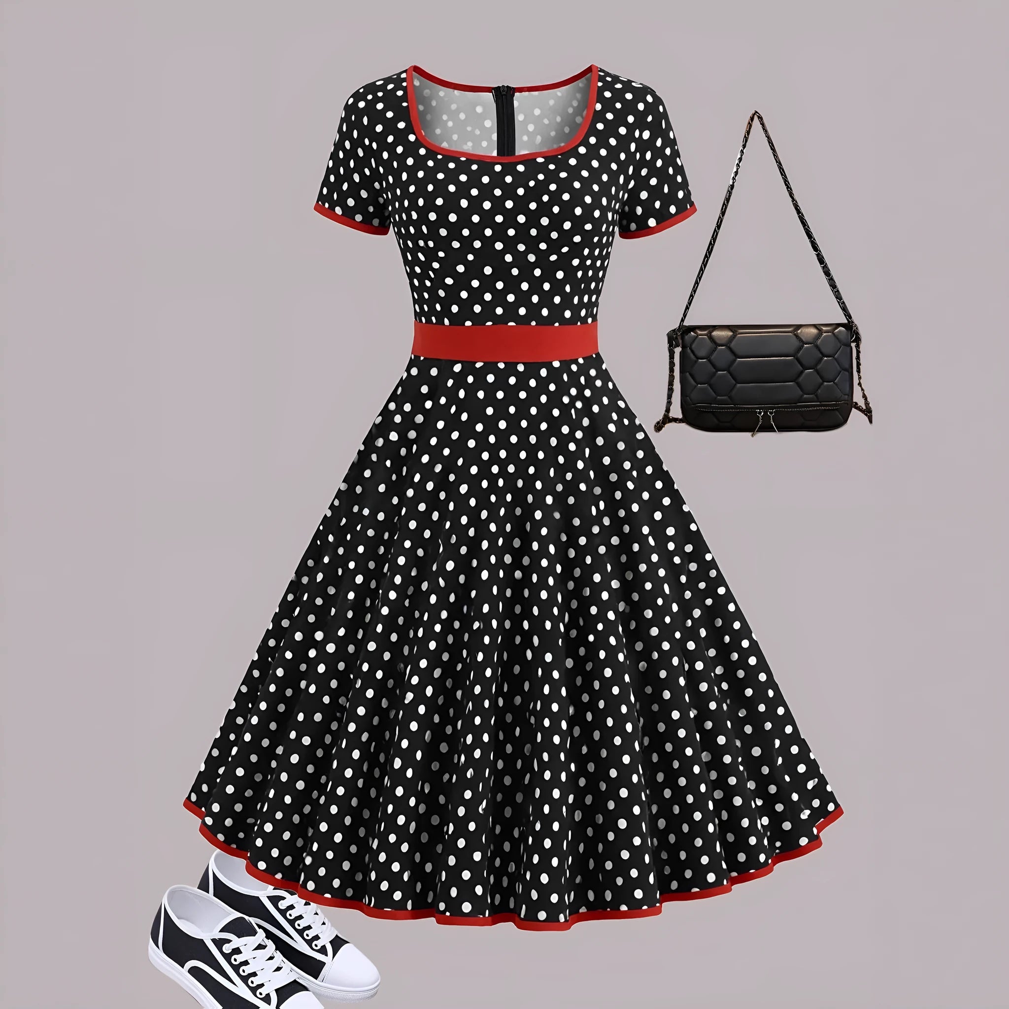 Women's mid-length polka dot dress with square collar, front zip, and pleated skirt