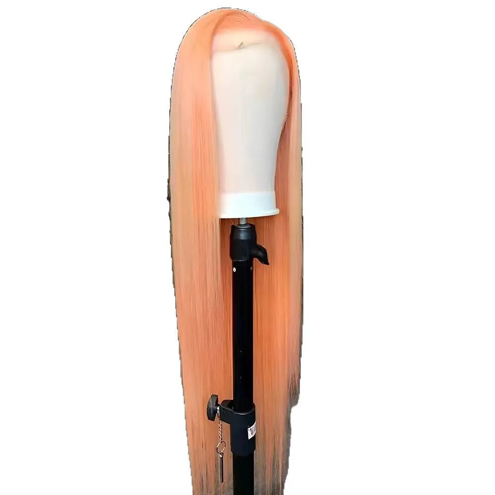 Light orange long straight synthetic wig with front lace cap, shown on a model.