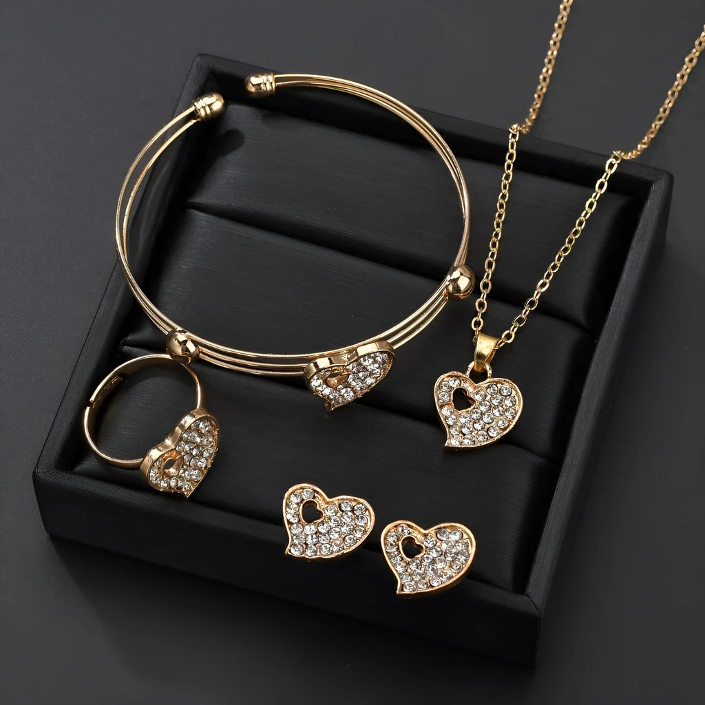 Gold colour women's jewellery set with earrings, pendant and adjustable bracelet featuring love, water drop and bell patterns