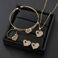 Gold colour women's jewellery set with earrings, pendant and adjustable bracelet featuring love, water drop and bell patterns